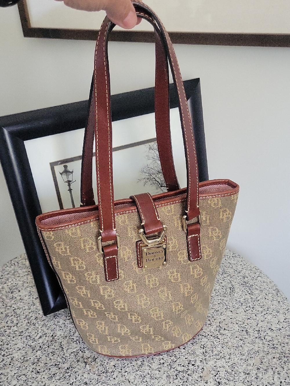 Vintage 1975 Dooney & Bourke Brown Monogram Bucket Bag with Cognac Brown Trim